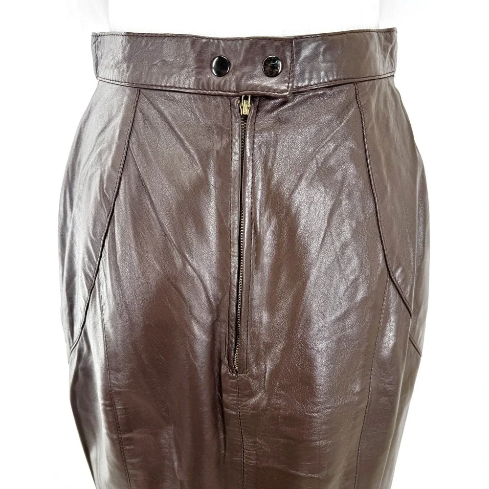 Vtg 90s Minimalist Brown Leather Pencil Skirt XS Office Career Corporate Chic